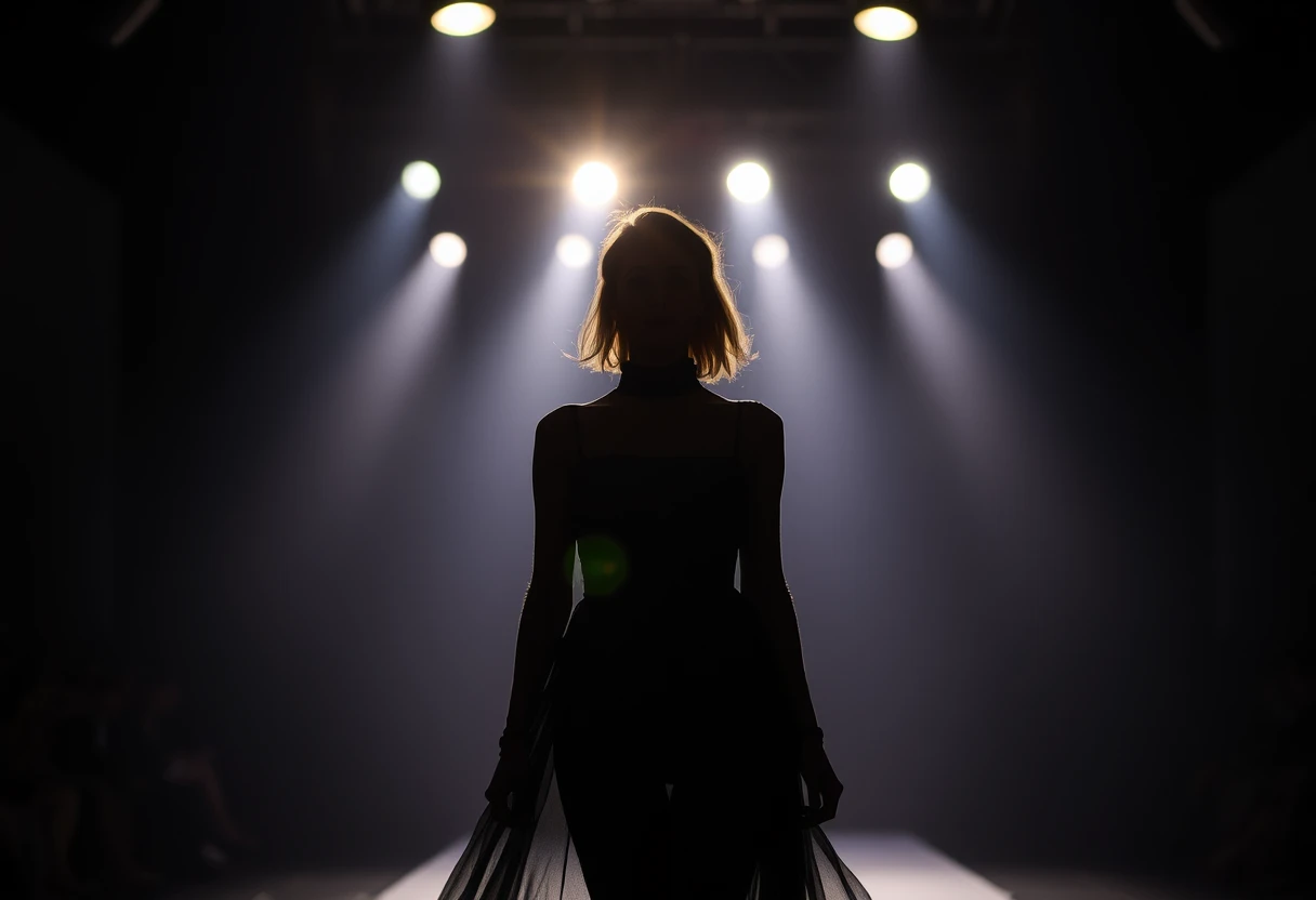 Fashion photography, model on catwalk, dramatic lighting