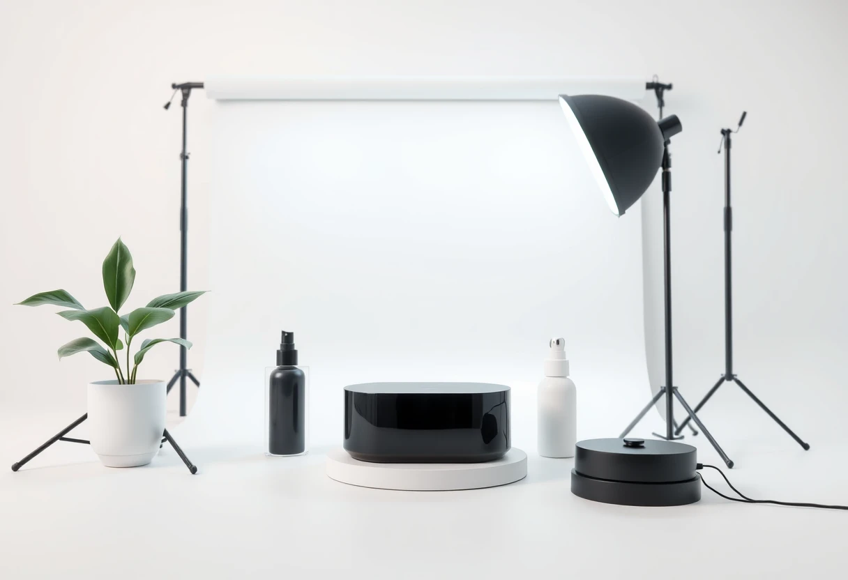 Product photography, minimalist setup, high-key lighting